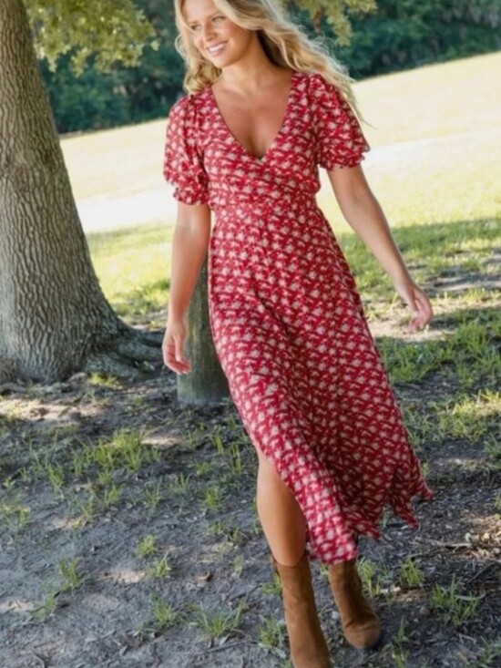 NATURAL LIFE Dresses & Skirts - Natural Life Sophia Ditsy Floral Wrap Maxi Dress Red Country Cottagecore Size M
